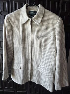 Lauren Ralph Lauren Women's Cream Houndstooth Wool Jacket Size 14 Y2K 90's